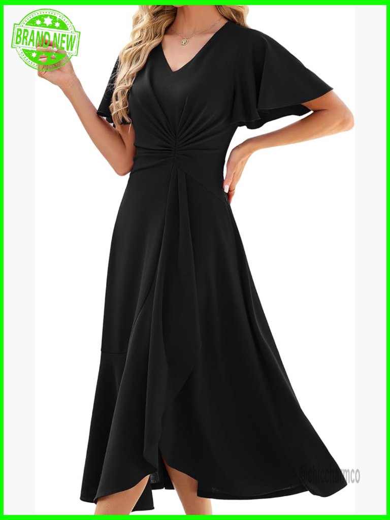 A-Line Midi Formal Dress With Pockets, Ruffle Sleeves, Detachable Corsage